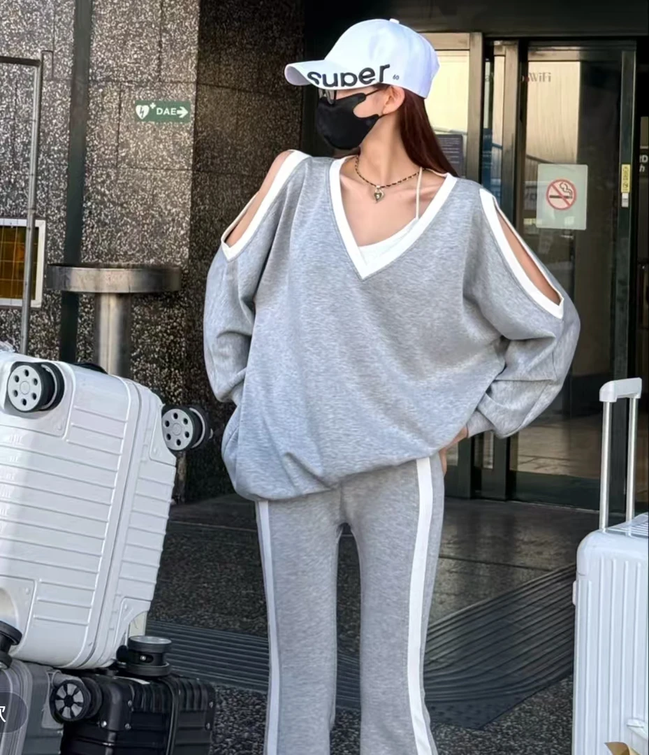 婉君行走呼吸秋季时尚百搭学院风露肩宽松显瘦上衣＋裤子套装