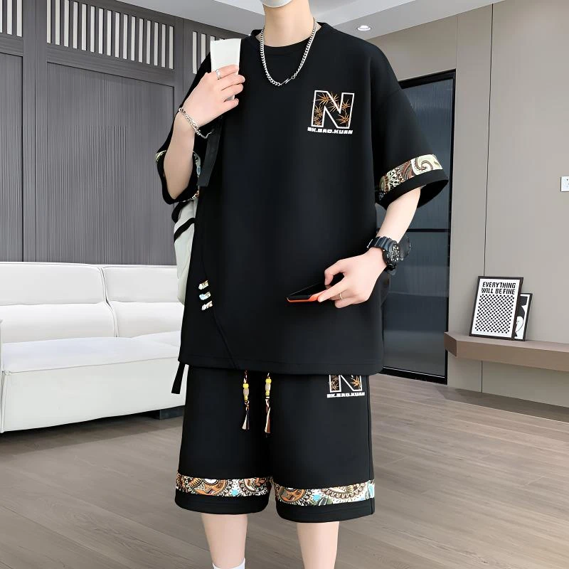 中国风新款青少年休闲运动套装短袖短裤两件套时尚百搭大码夏装潮