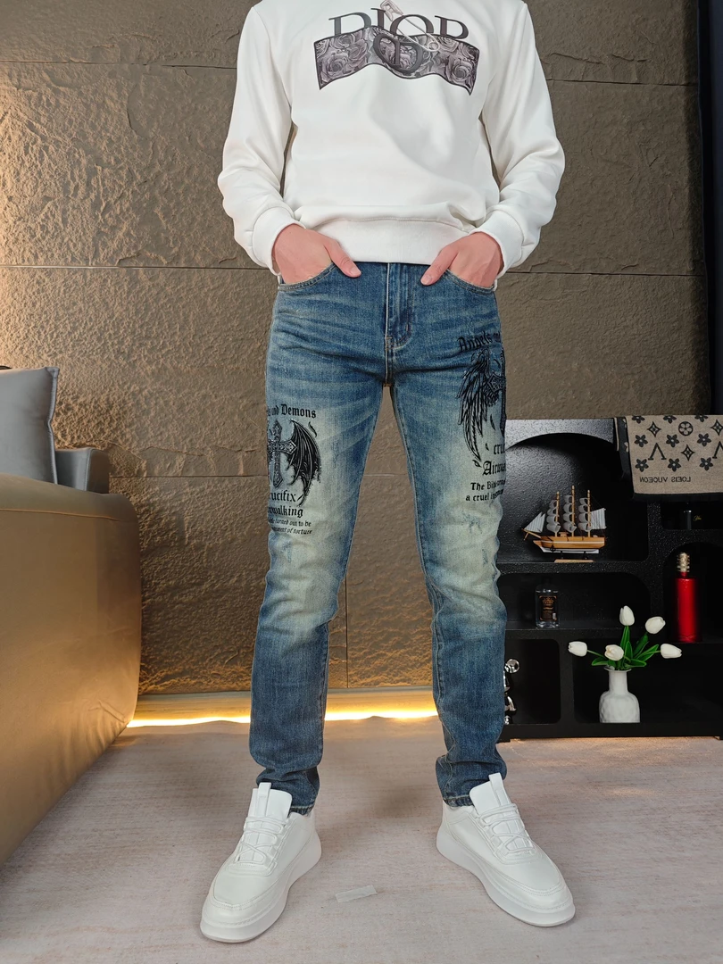 秋冬烫钻修身小脚牛仔裤潮牌时尚潮流微弹美式水洗复古蓝牛仔裤