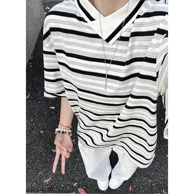 不规则斜领条纹polo衫短袖男夏季设计感小众翻领t恤高级感半截袖