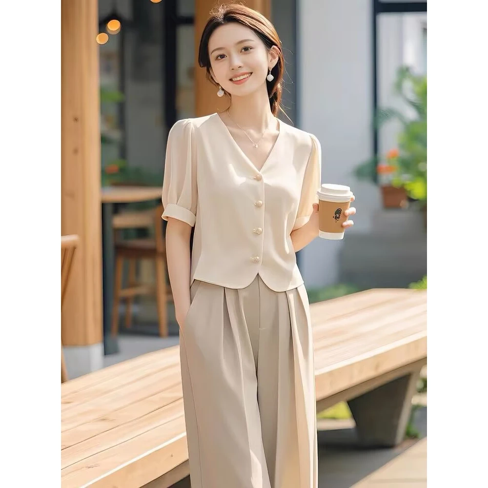 夏季2025年新款干练气质高级感洋气时尚杏色上衣裤子两件套装女装