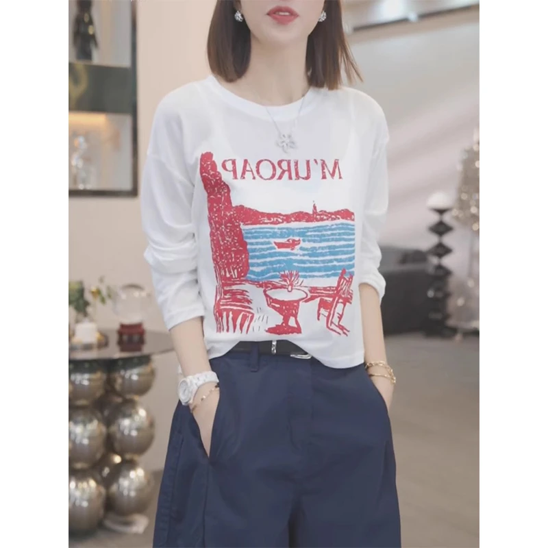 复古印花白色长袖t恤女夏慵懒防晒罩衫2025新款圆领宽松休闲上衣
