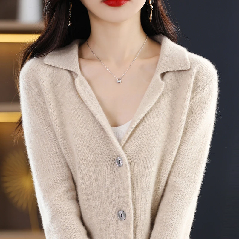 秋冬100%纯羊毛针织衬衫女外套POLO领打底衫羊绒毛衣开衫翻领外搭