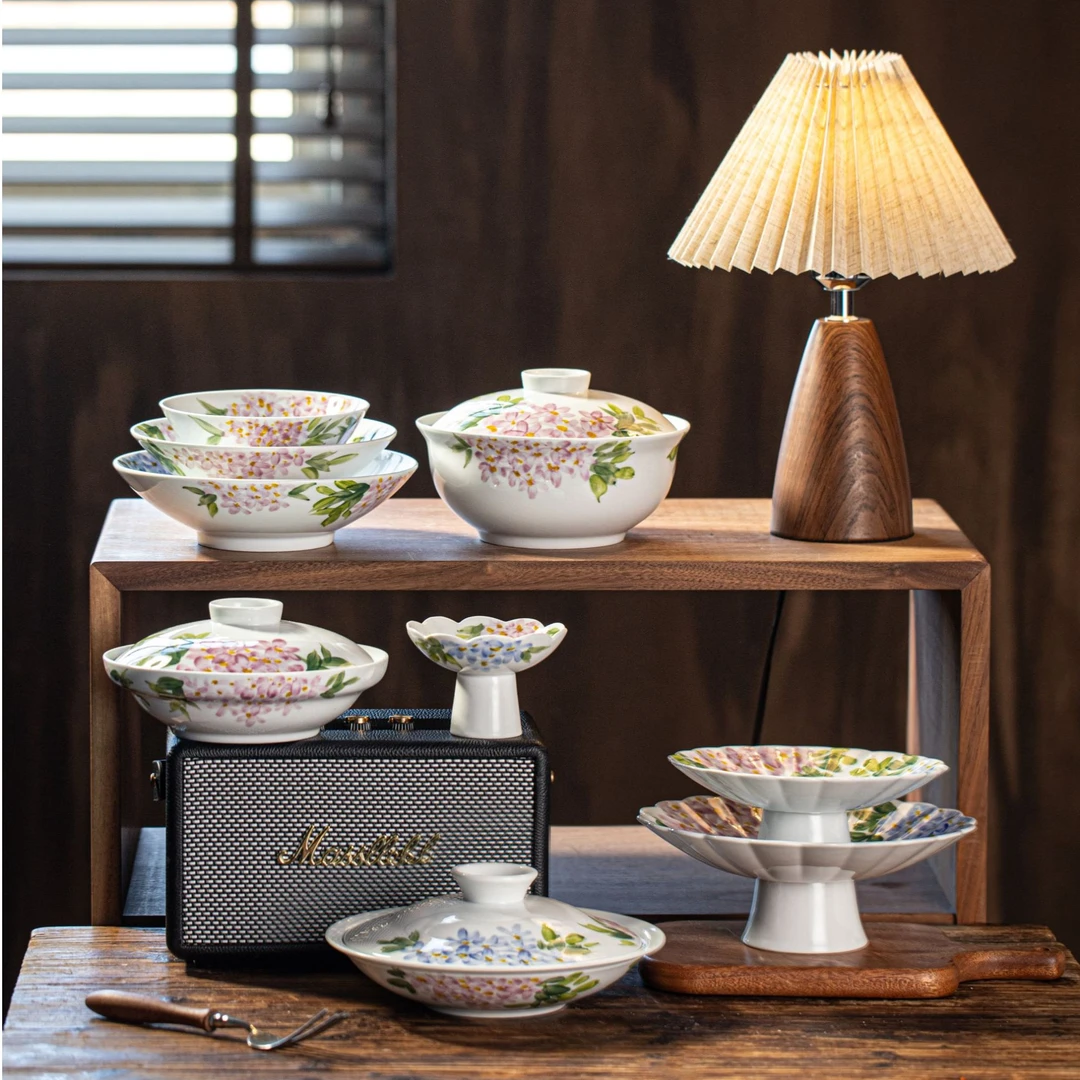 绣球花整套景德镇陶瓷原创釉下家用复古清新耐热七寸合和器大菜盘