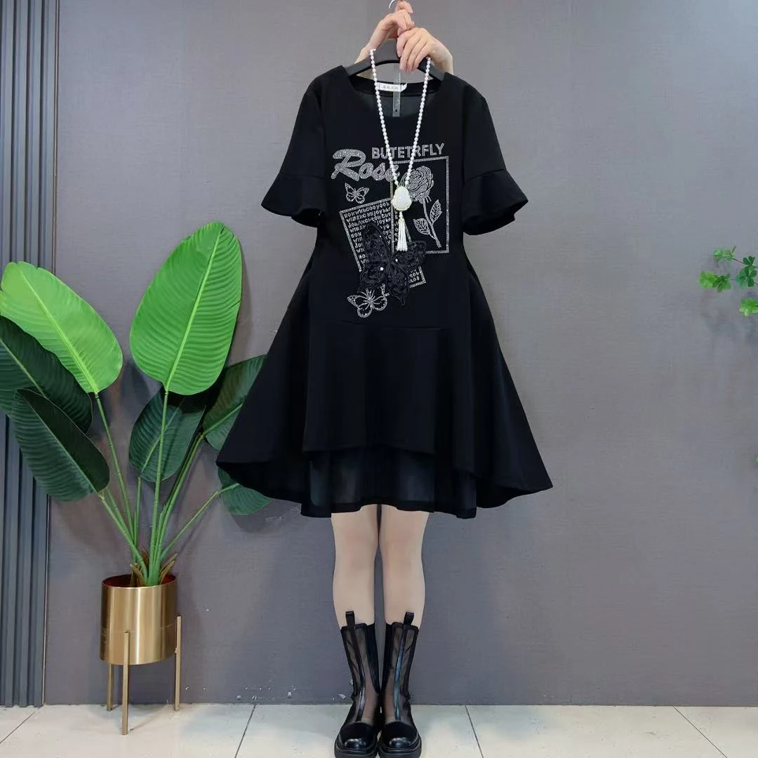 欧货重工拼接烫钻立体蝴蝶鱼尾显瘦遮肉显瘦百搭气质甜美连衣裙