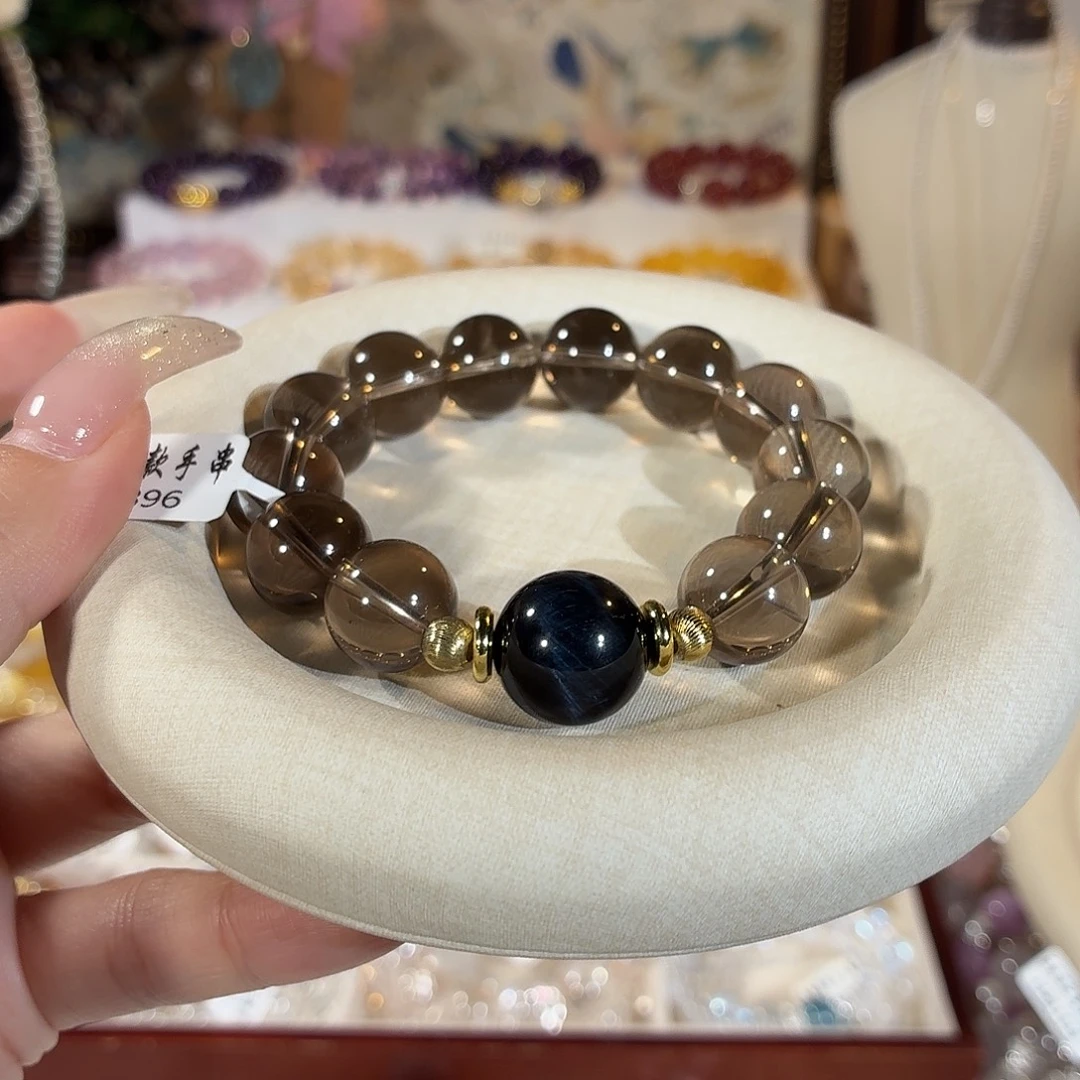 水晶手串未镶嵌近净体茶晶设计款14+