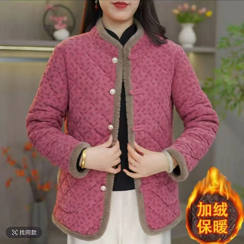 冬季新款加绒女装棉袄中老年保暖棉衣外套