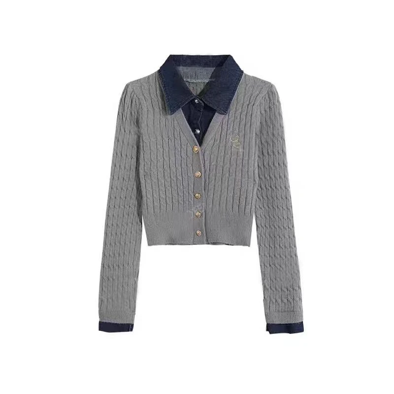 HISHIYU设计感牛仔拼接麻花毛衣针织衫7567