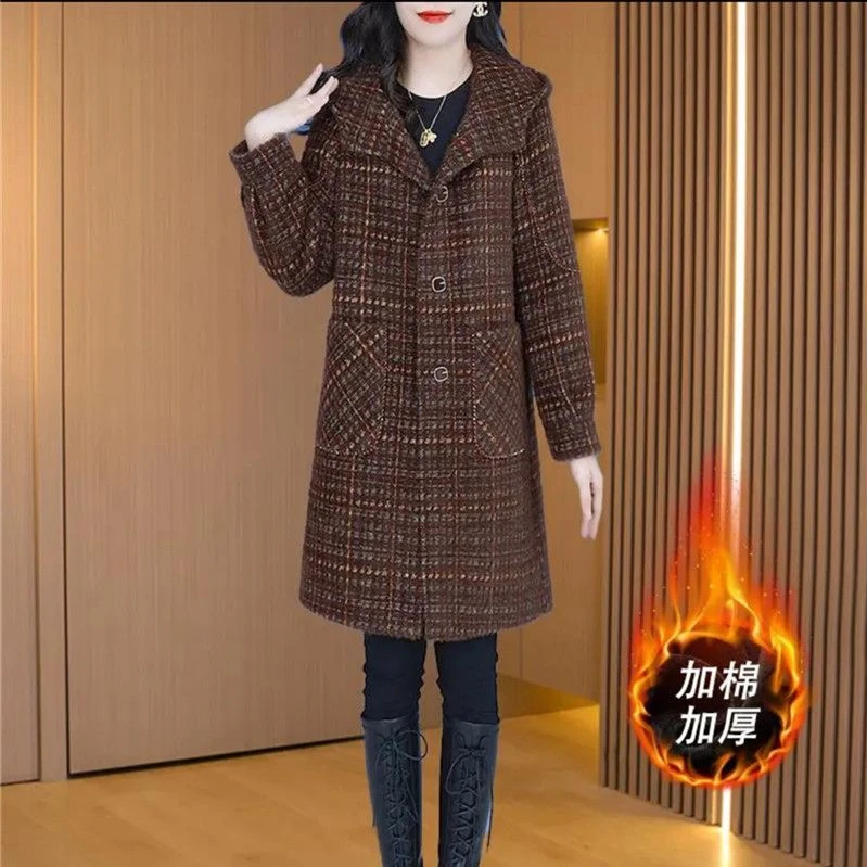 秋冬新款时尚减龄高级感毛呢外套女士百搭显瘦中长款加棉加厚大衣