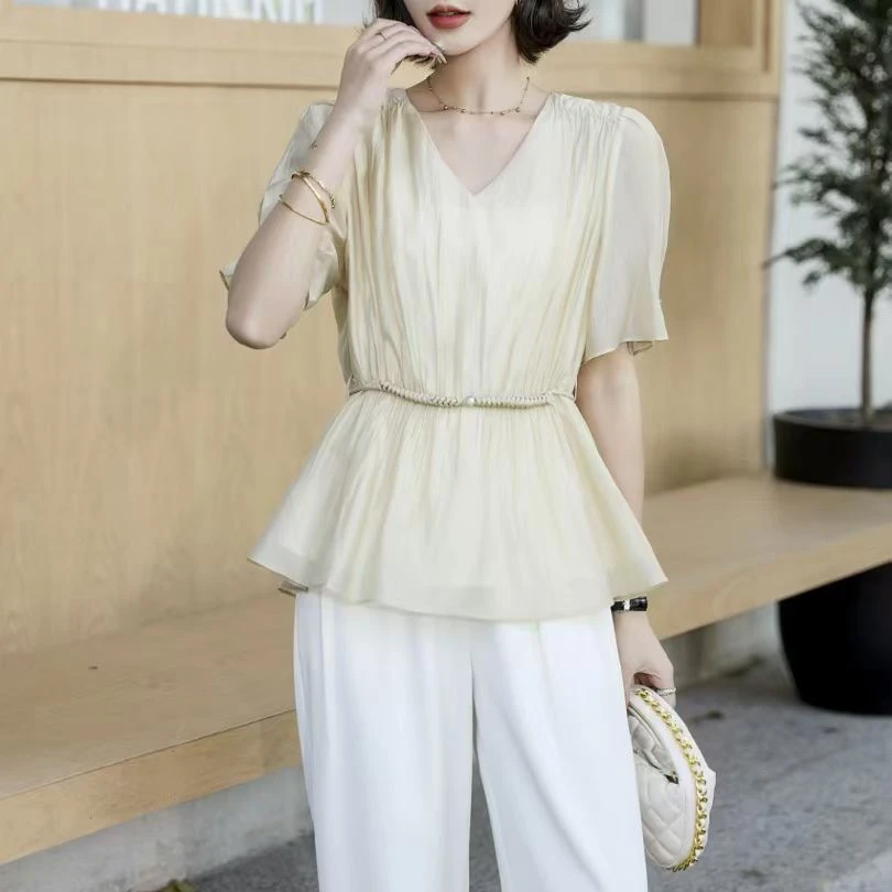 无印心匠A88190-2  收腰绑带设计感V领时尚显瘦上衣小衫K265