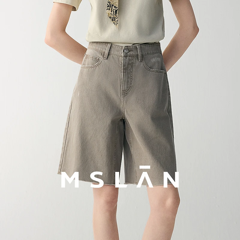 MSLAN百慕大短裤 高腰五分中裤洗水做旧毛边小个子牛仔裤MHBK589