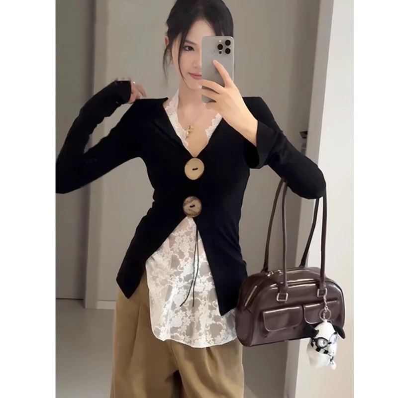 【现货】大码辣妹长袖正肩针织打底衫秋季性感开叉遮肉显瘦上衣6243