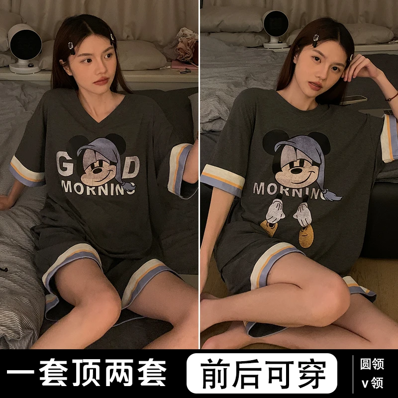 夏季两面穿卡通疲惫米奇罗纹莫代尔学院风睡衣家居服套装薄款短袖