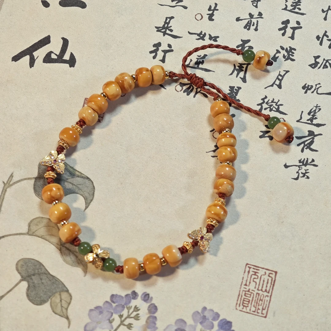 【鸿汐】ZJ267707蜜蜡石膏花蜡老型单圈手绳diy碧玉6mm+