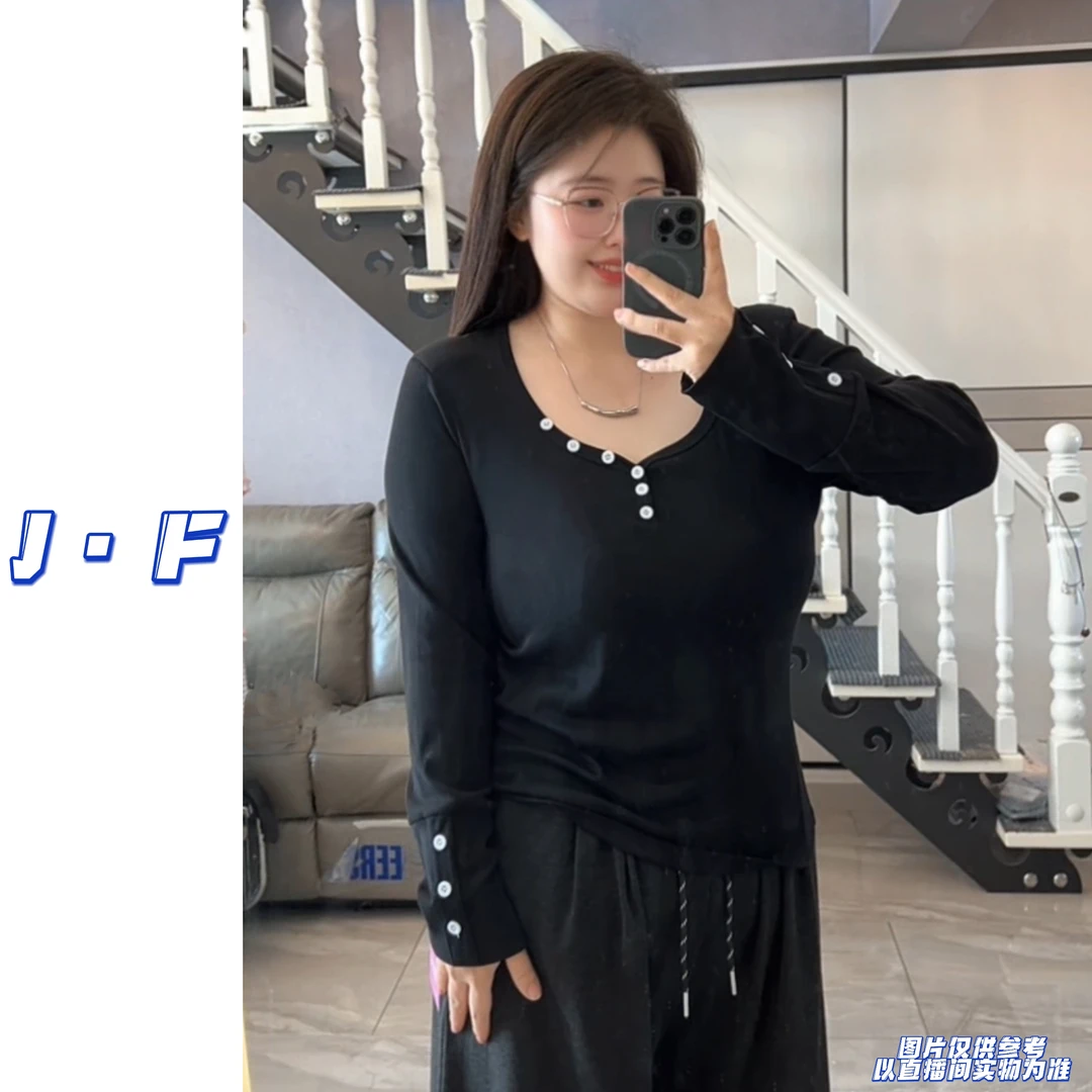 JF定制大码20789早秋新款纯色V领修身弹力纽扣打底衫