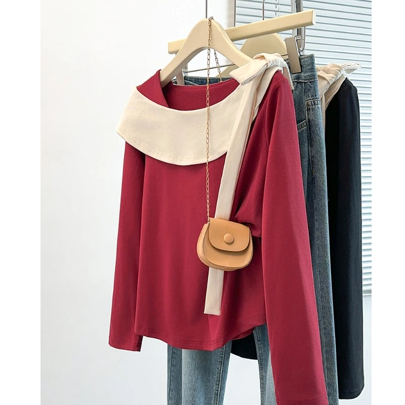 大码撞色正肩长袖t恤女秋季胖mm遮肉显瘦设计感蝴蝶结荷叶边上衣