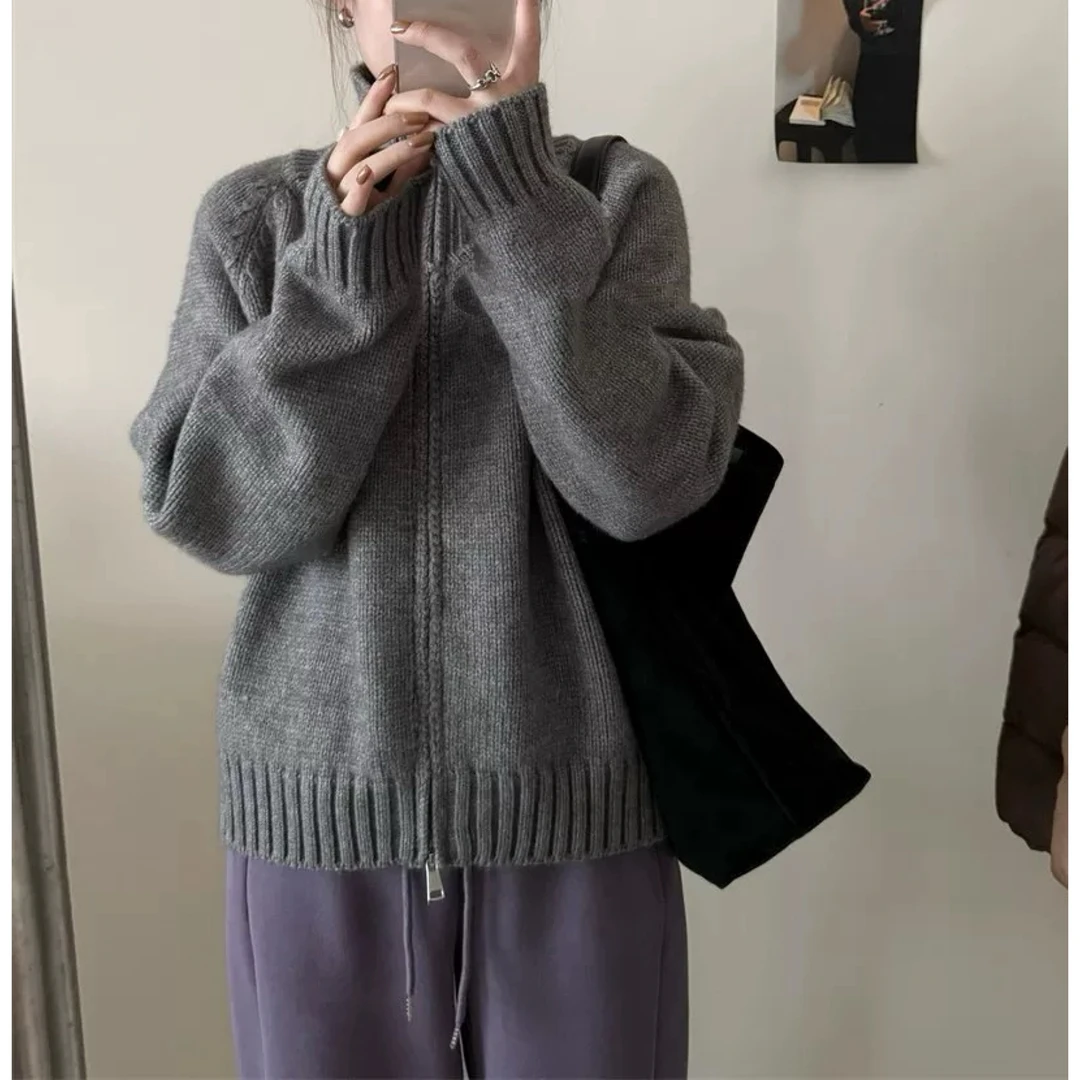 256 韩系慵懒风宽松拉链设计款毛衣外套（LZZ17）