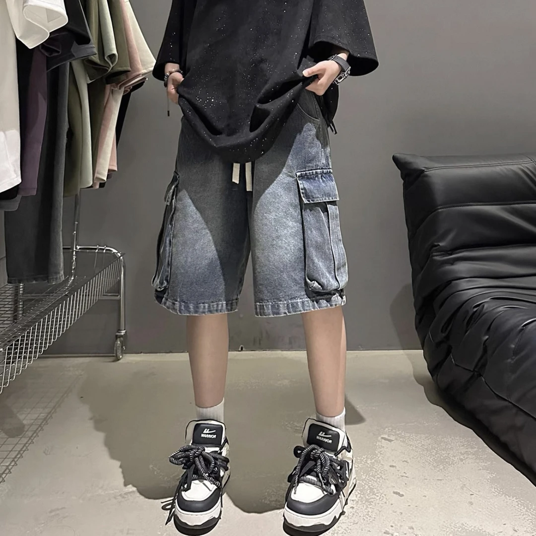 夏季美式潮流工装牛仔短裤男女宽松休闲水洗大口袋五分裤-2815