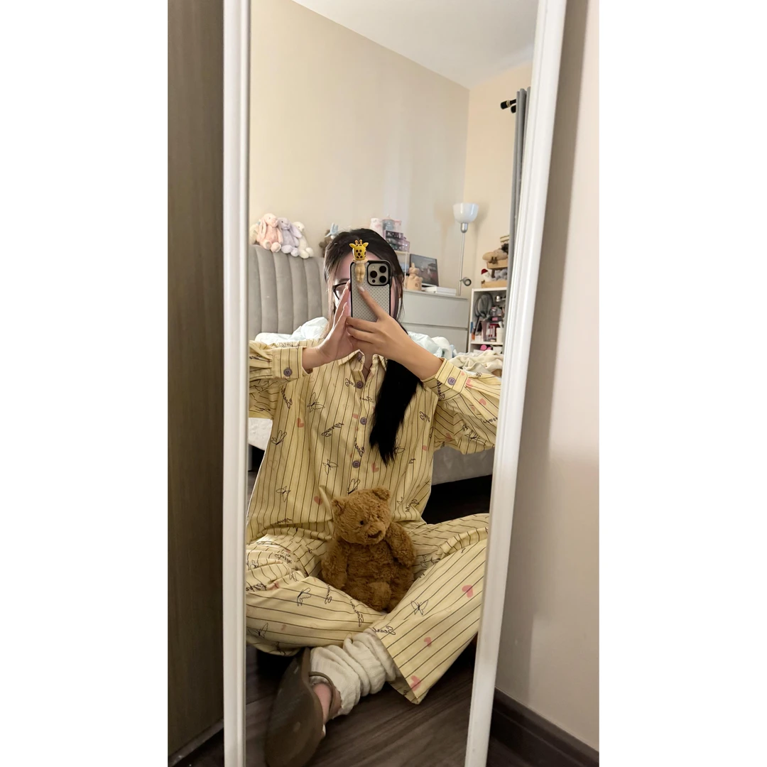 韩版蝴蝶印花衬衫长袖睡衣女款秋季新款显瘦长裤家居服套装可外穿