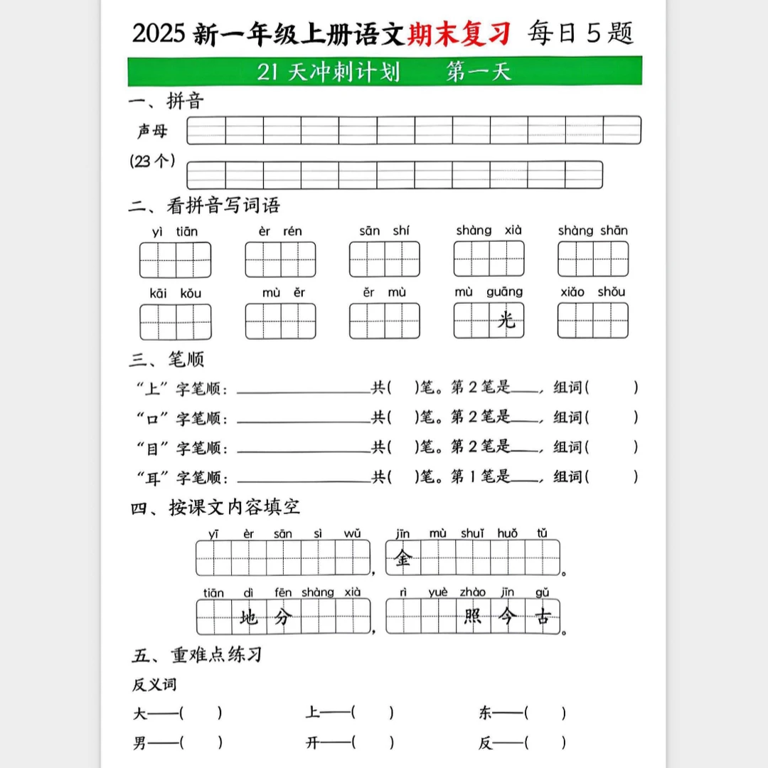新版一年级上册语文数学期末冲刺21天每天5题附答案小纸条a4彩印