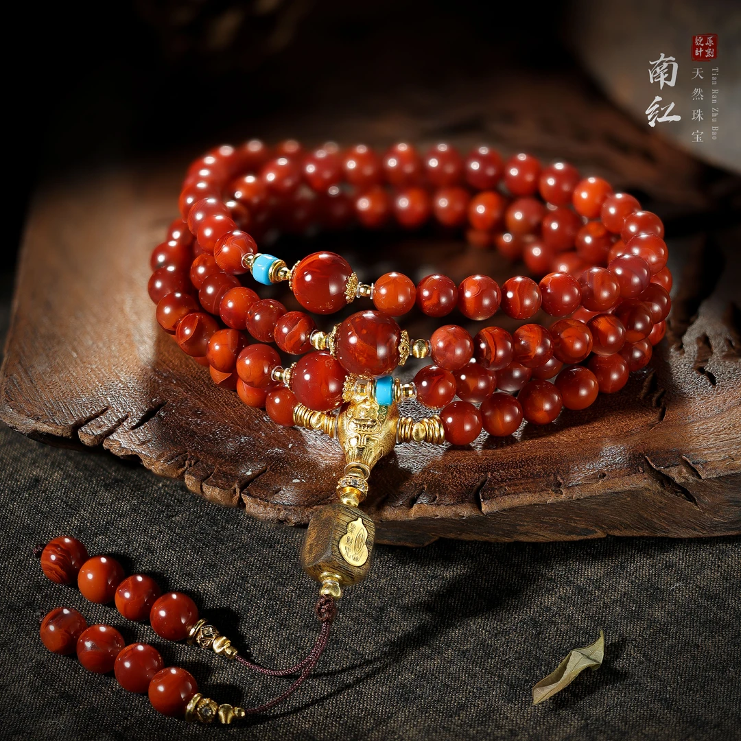 【桃总推荐】diy火焰纹南红7mm圆珠多圈项链@@ZY51205060