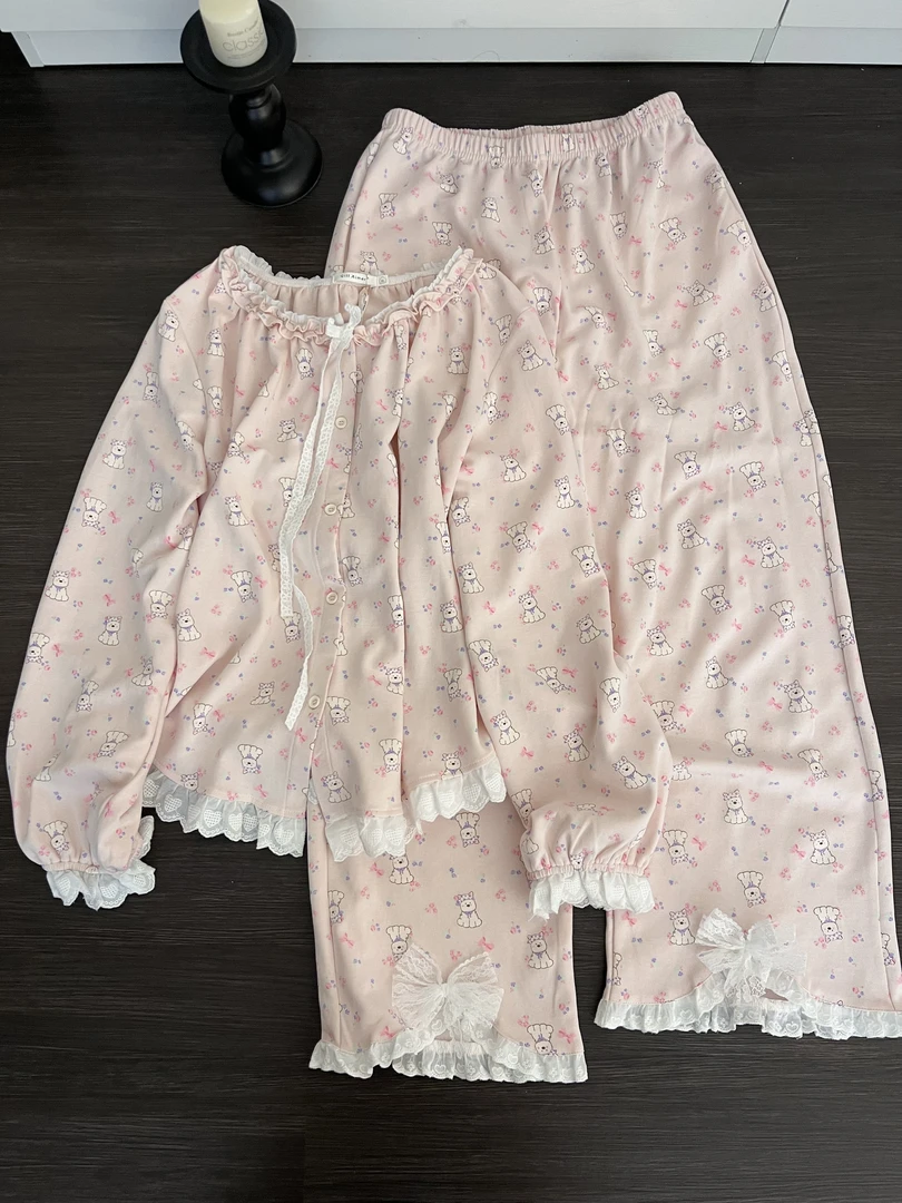 【DMXJ大梦想家】甜美卡通花边蝴蝶结睡衣女秋季新款长裤家居服套装