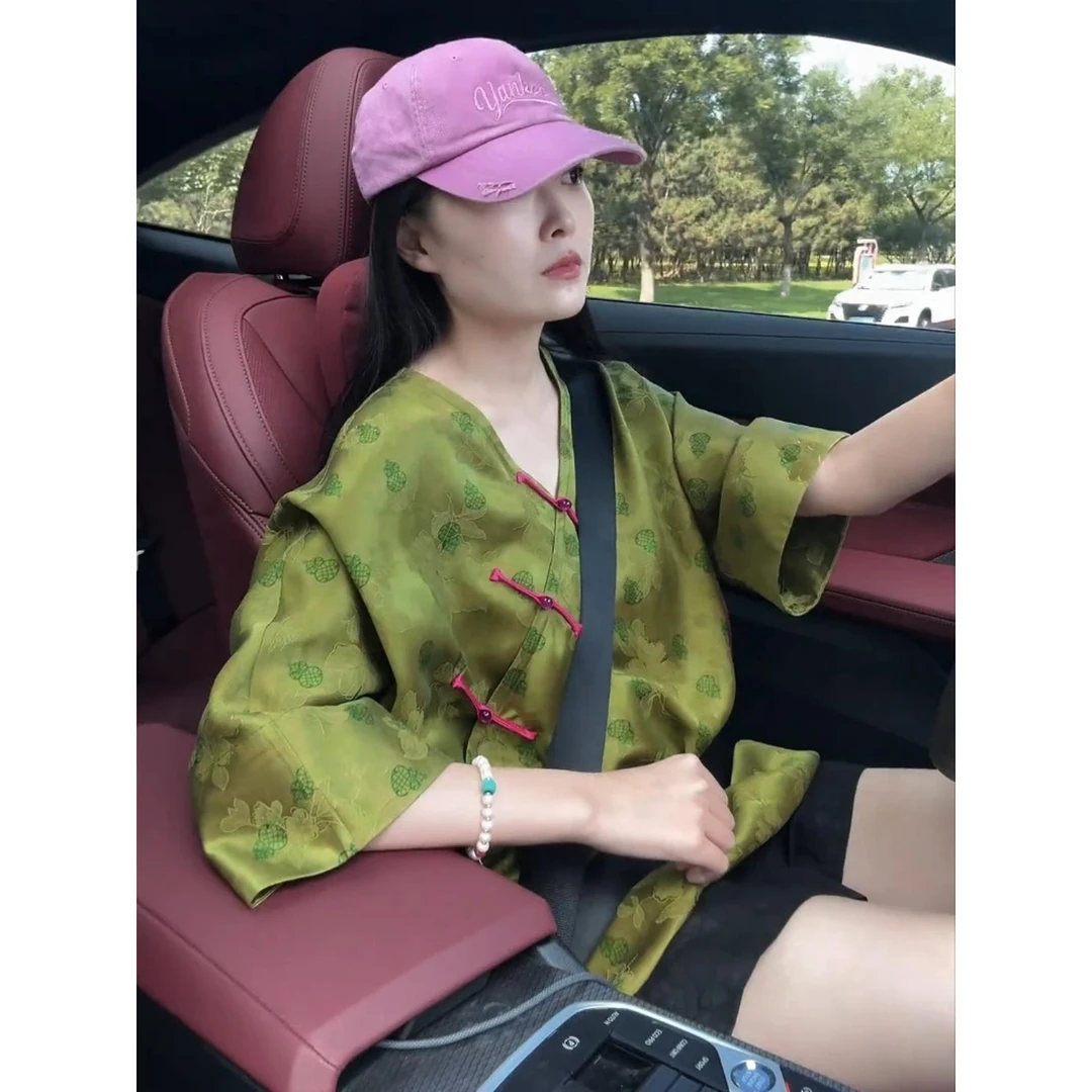 阔太太洋气高贵绿色女士衬衫薄款2025巨好看的新中式禅意国风上衣