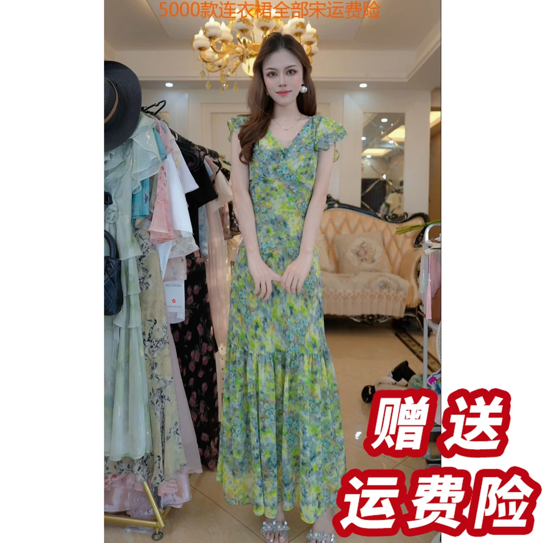 【赠送运费险】短袖法式国潮印花连衣裙长裙碎花复古温柔裙子J46195