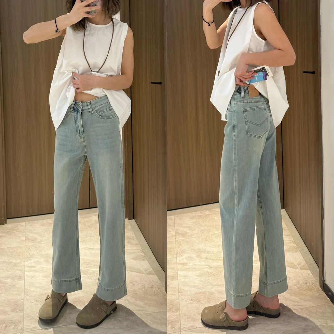夏季牛仔裤女2025年新款夏季薄款高腰直筒显瘦阔腿百搭九分法棍裤