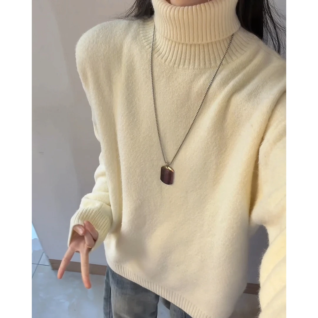 韩系慵懒风可翻高领毛衣男女款秋冬加绒加厚针织衫白色情侣打底衫