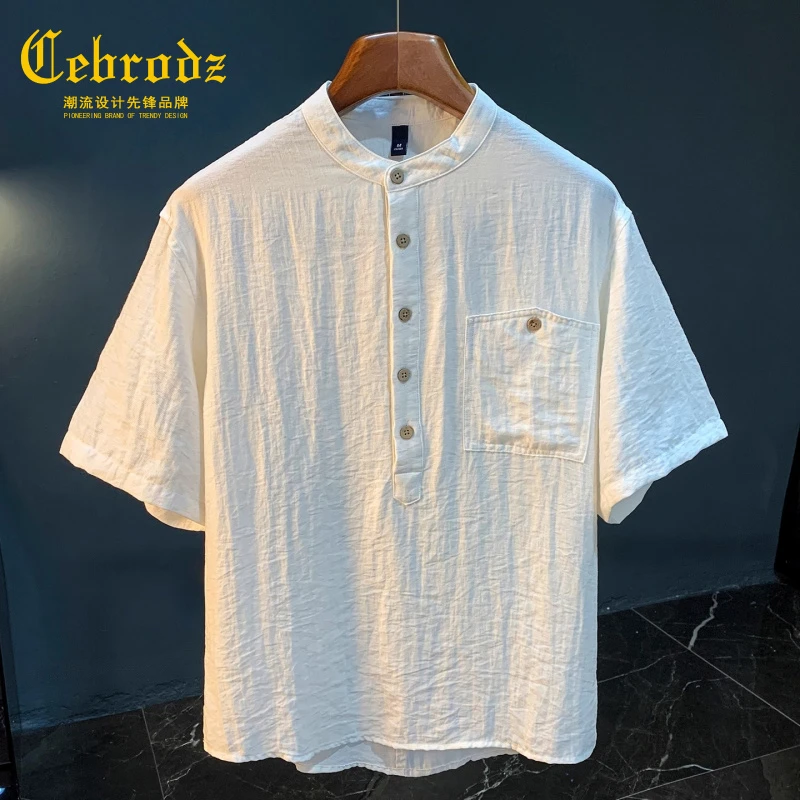 法国Cebrodz夏季亚麻短袖衬衫男款新中式立领衬衣复古高级感半袖