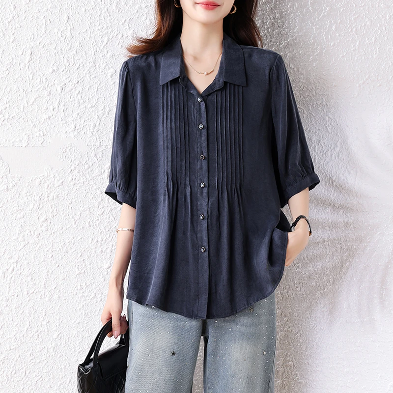 短袖衬衫女2025夏季新款大码女装抽褶气质衬衣妈妈装遮肉显瘦上衣