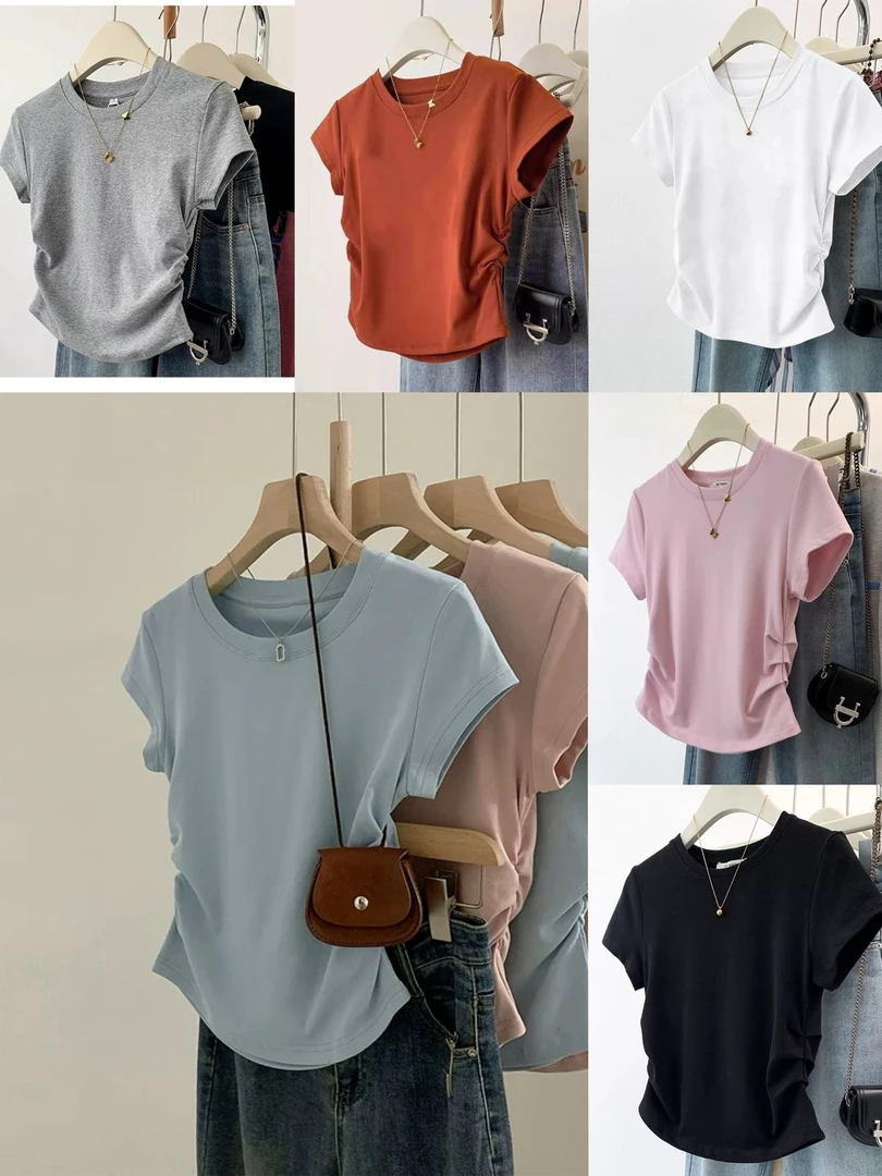 【XIAOQI】B218-福利小蛮腰抽皱显瘦正肩棉T