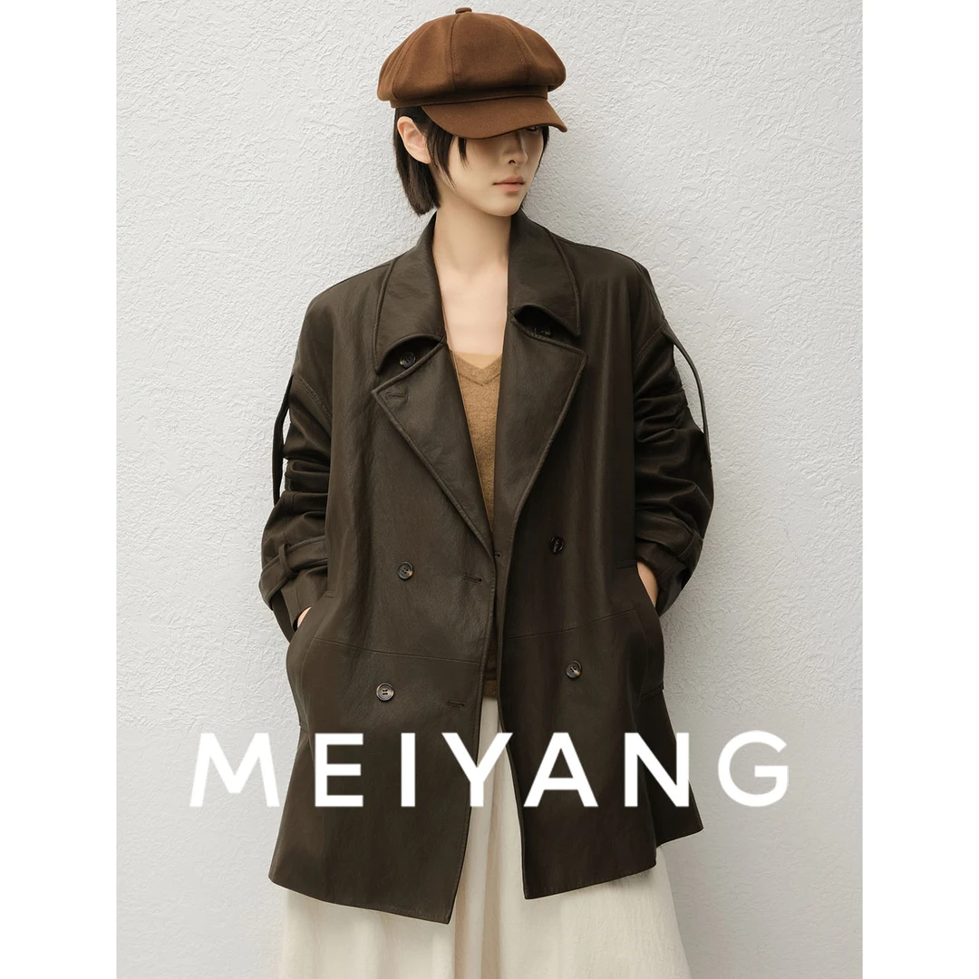 A美洋MEIYANG 定型皮衣【暖系流光】复古叛逆翻领双排扣外套-周四