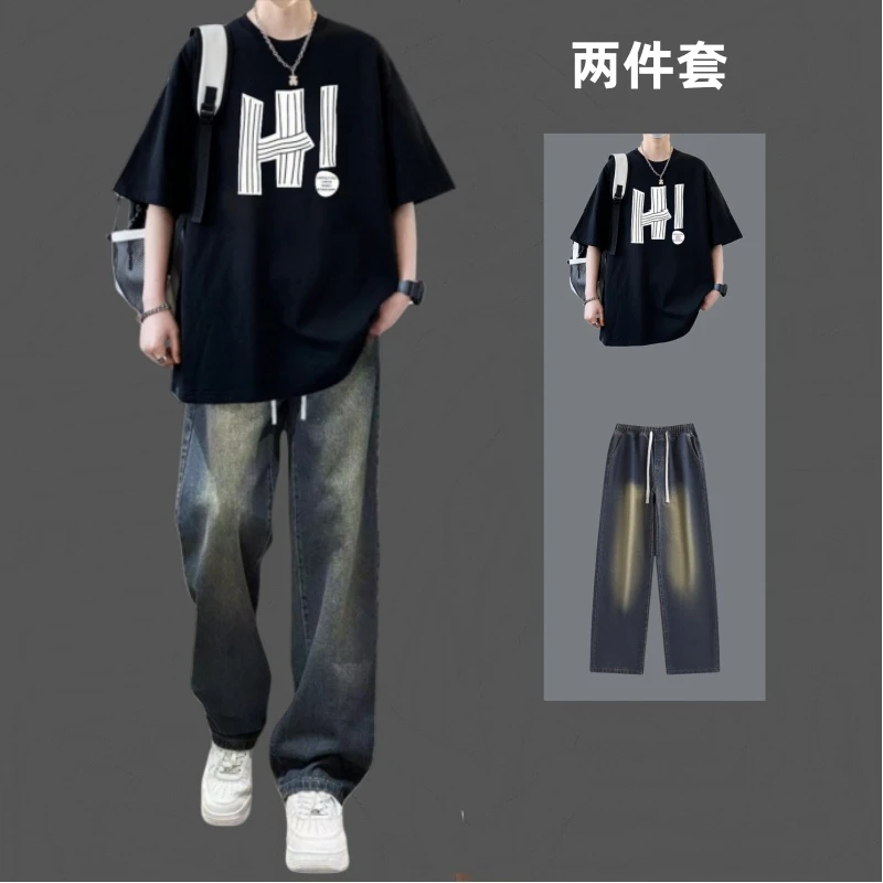 夏季套装搭配潮牌纯棉字母短袖t恤男宽松潮流时尚牛仔长裤两件套