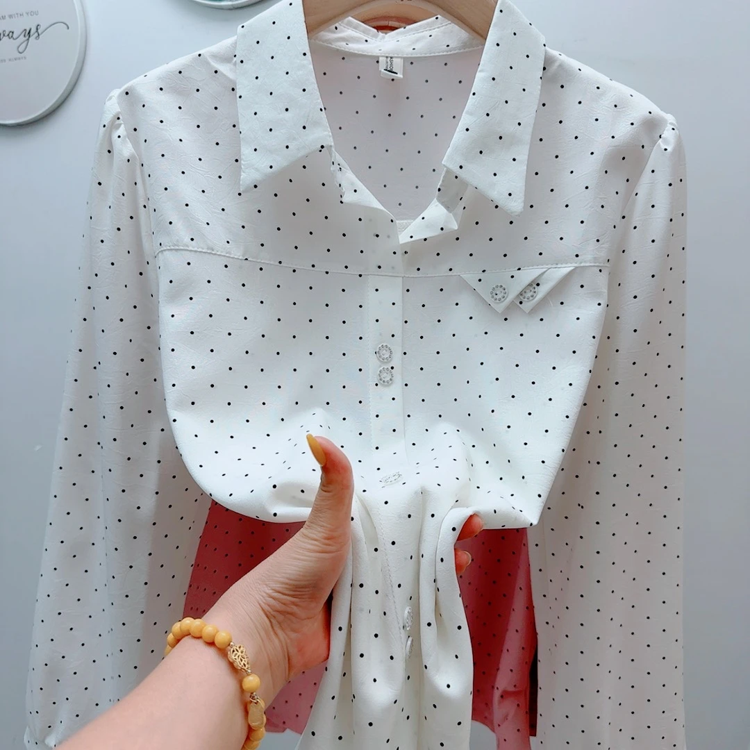 印花打底长袖意式秋季波点时尚宽松衬衫气质方领翻领衬衣小衫打底