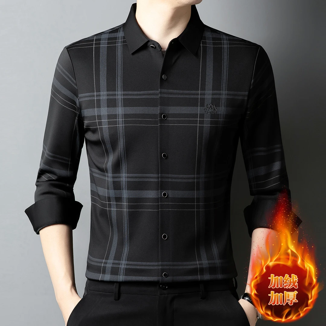 秋冬季加绒长袖衬衫男加厚保暖衬衣高端免烫商务休闲上衣时尚格子