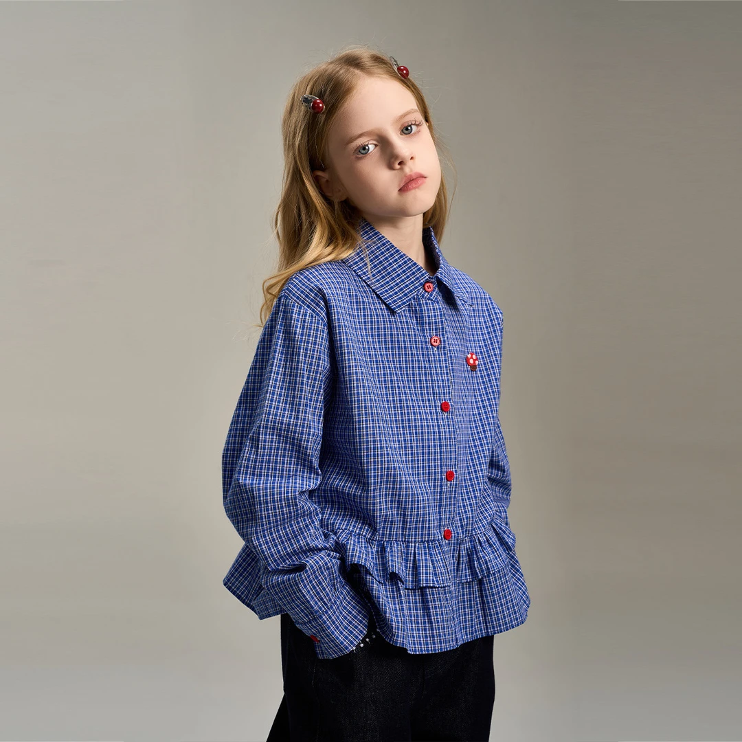 梦特娇女童【miu系荷叶边衬衣】蓝色格子衬衫2025秋新款格子上衣A62