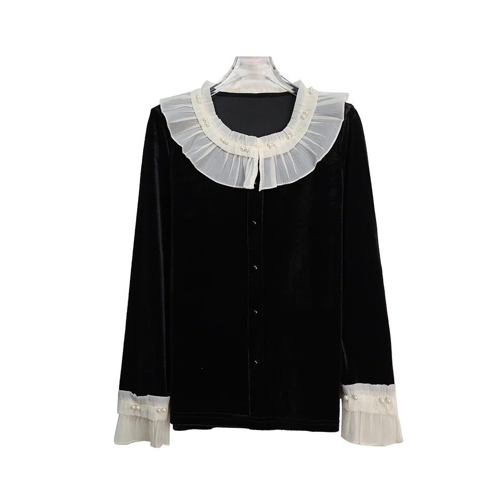 X6632【上新】法式黑色长袖拼接丝绒衬衫女设计感百搭上衣