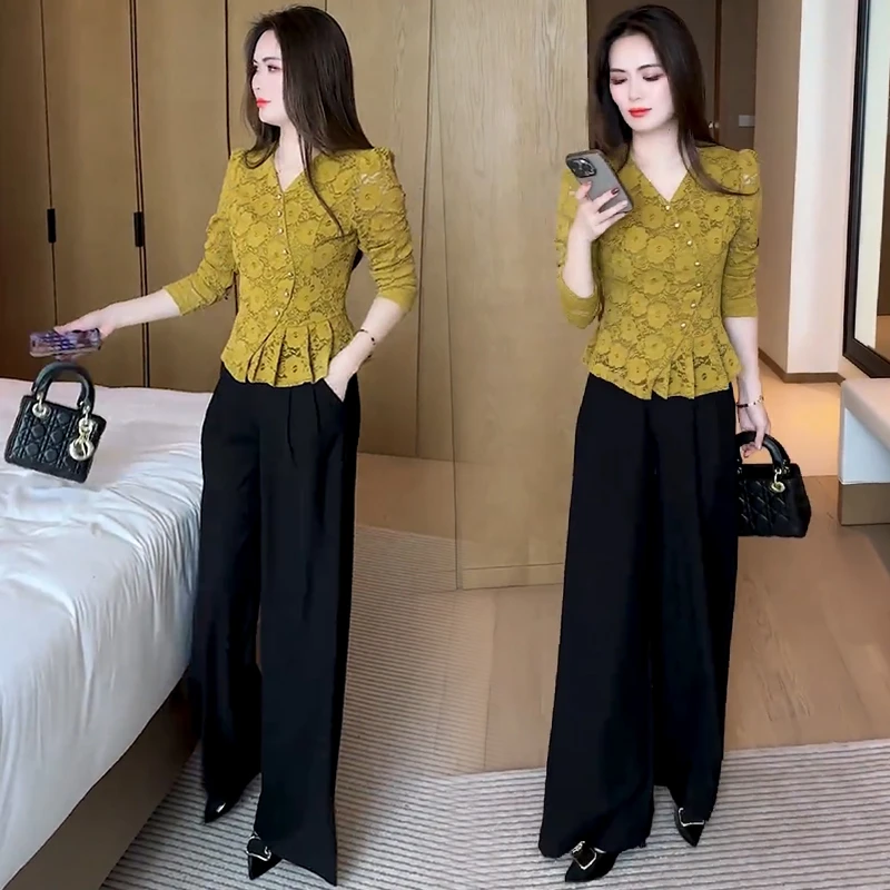 拉夏贝尔时尚套装女2025秋季新款设计感V领洋气显瘦高级感打底衫