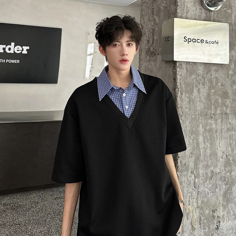 美式学院风假两件短袖T恤男潮牌夏季宽松百搭拼接POLO衫半袖上衣