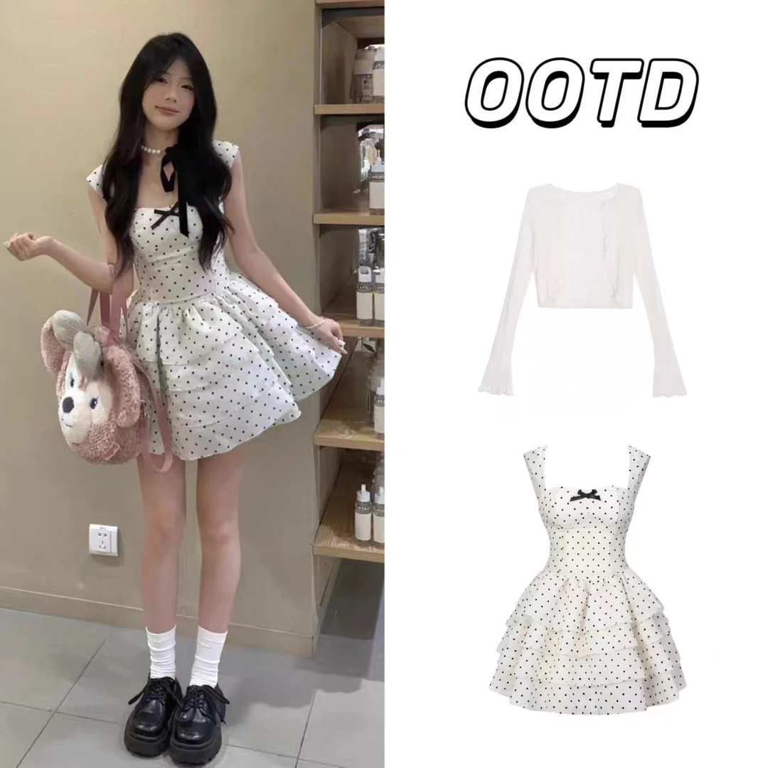 甜美风吊带波点连衣裙套装女爆款春夏白色防晒开衫超仙拼接蛋糕裙