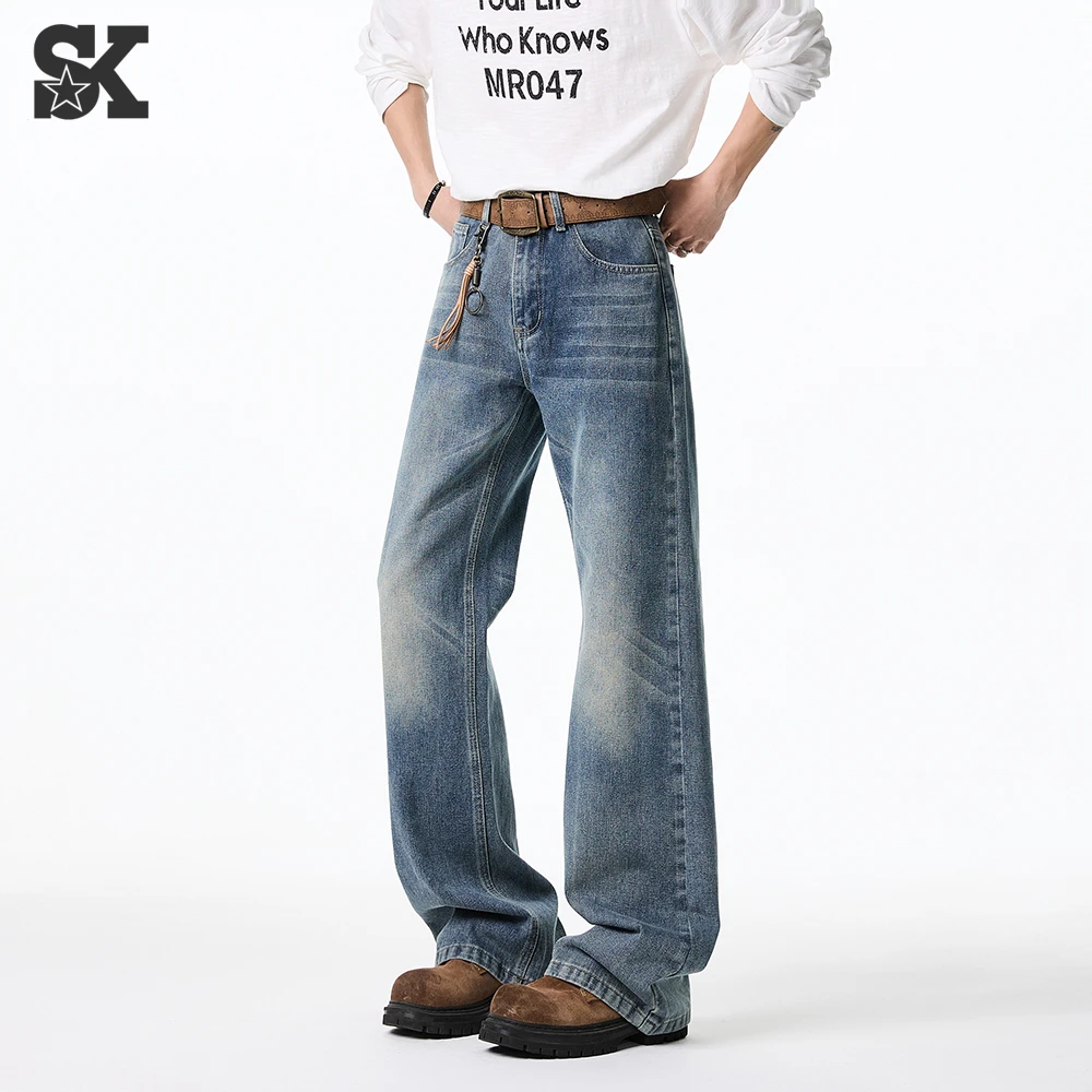 美式休闲直筒牛仔裤男款春秋季新款宽松显瘦百搭水洗渐变微喇裤子