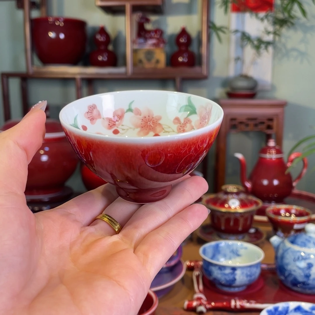 清欢雅玩原矿郎红福利内绘桃花鸡心杯