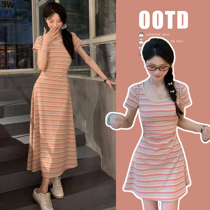2025茶歇法式彩虹条纹设计感遮肚显瘦孕妇连衣裙