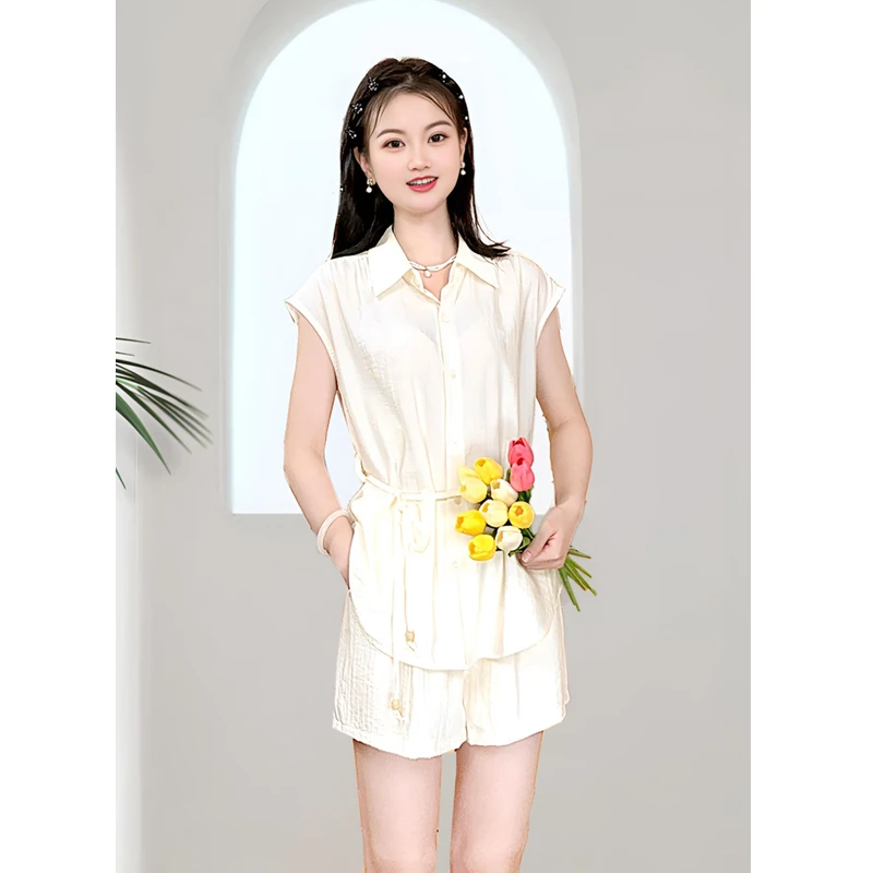 ASY/2025夏季方领上下绑带套装小个子气质衬衫两件套裤