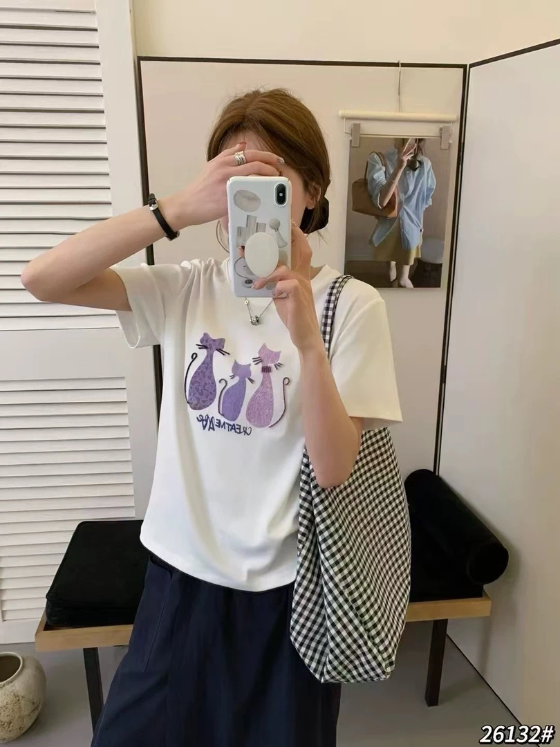 三只小猫】短袖纯欲风少女风修身型常规T恤夏季韩版小众卡通显瘦