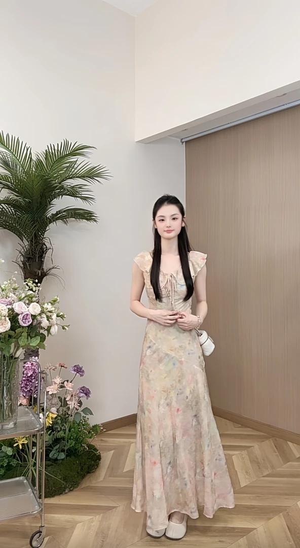 AN.XIN【花开半夏】法式温柔风气质木耳边减龄中长款连衣裙9238