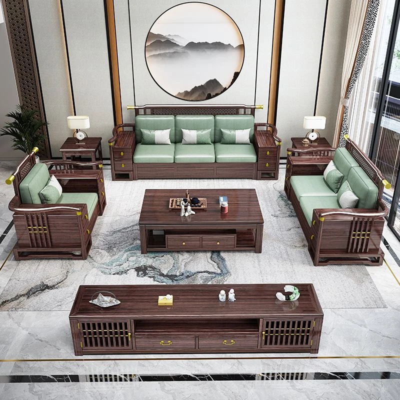 新中式乌金木实木沙发组合大小户型家用办公冬夏两用储物款家具