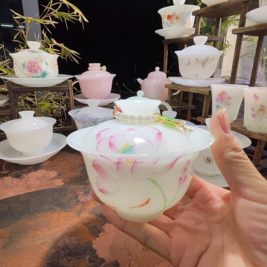 璞玉釉烧手绘莲开并蒂三才元宝150ml